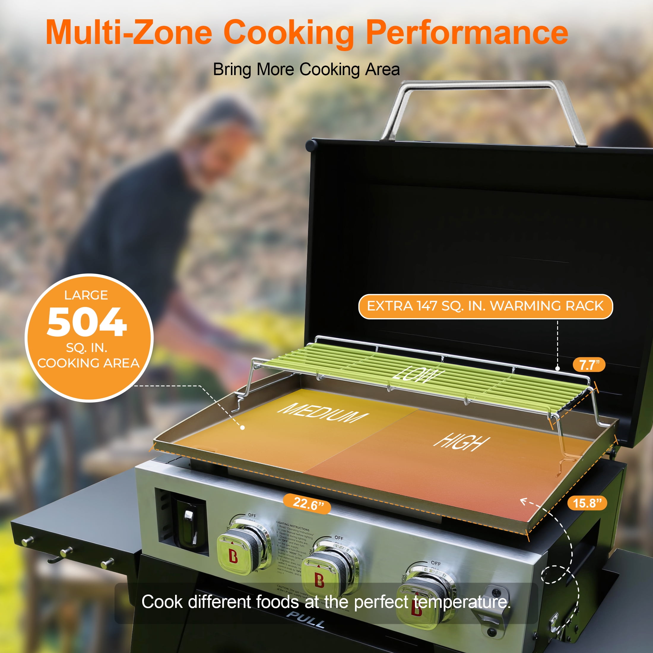 Fintex Adventure Ready Outdoor Griddle, 3-Burner Propane Flat Top Grill with Stand, 504 Sq. In，Black