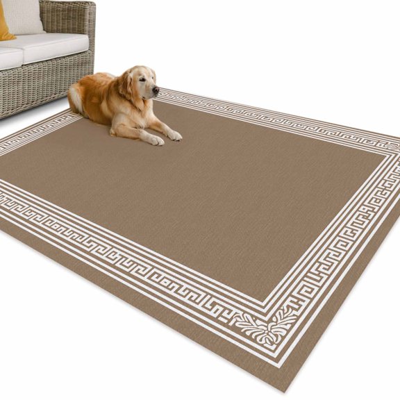 Outdoor Rug 4x6 ft Brown White Greek Key Pattern Waterproof Outdoor Patio Rug Mat Non Slip Outside Area Rugs Carpet for RV,Camping,Porch,Deck,Pool,Balconybackyard,Geometric Modern