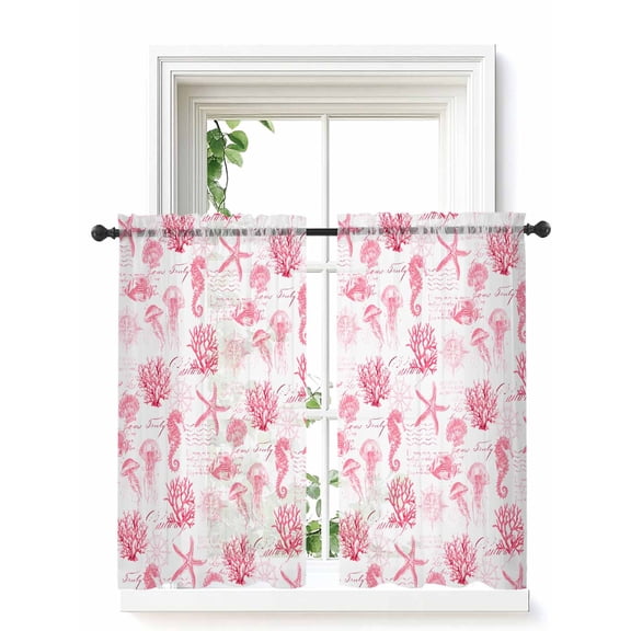 Pink Ocean Coastal Tier Curtains 45 Inch Length,Sheer Curtains for Bedroom Living Room,Nautical Starfish Jellyfish Coral Rod Pocket Voile Drapes Kitchen Curtains Small Half Window 27.5"x45" 2 Panels