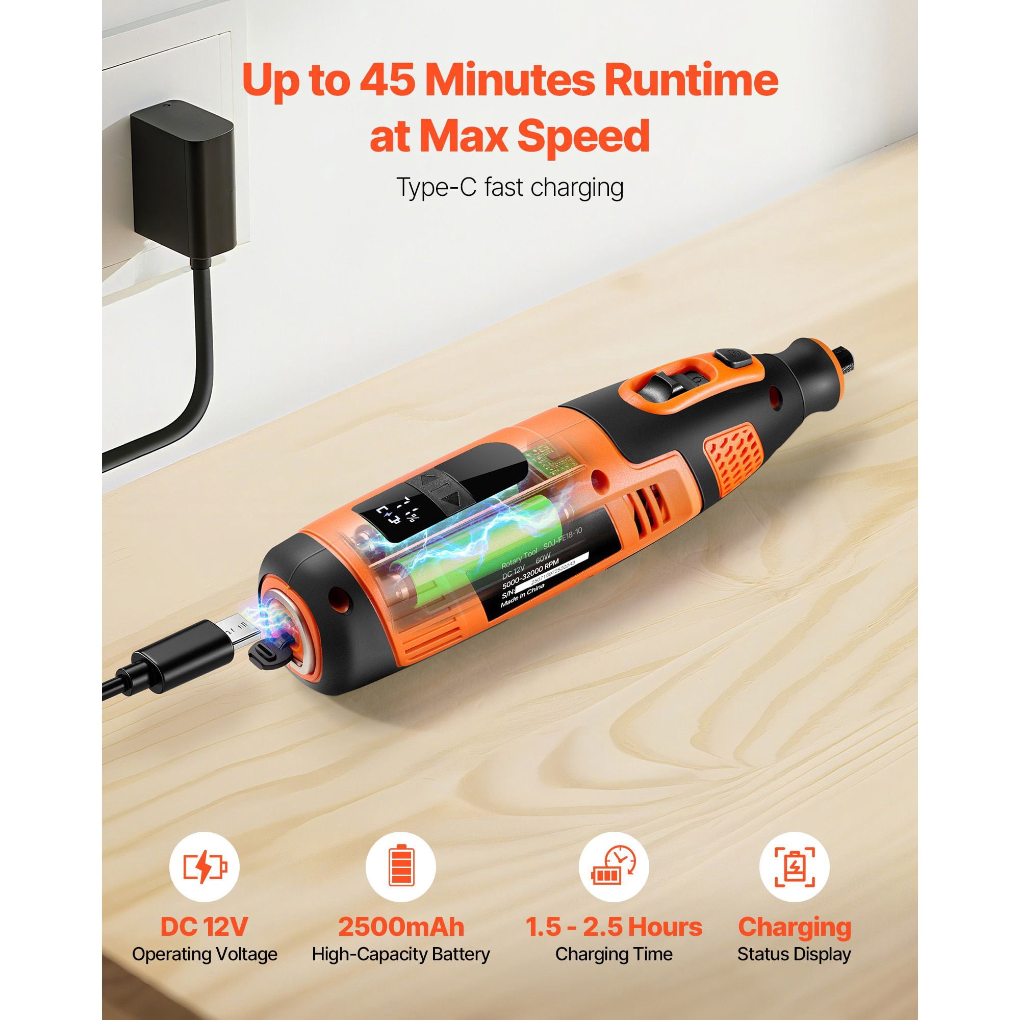 Cordless Rotary Tool Kit 119-Piece, DC12V with 28 Speeds 5000-32000 RPM, 2500mAh Battery, Digital Display, Type-C Charging for DIY Cutting Sanding Drilling