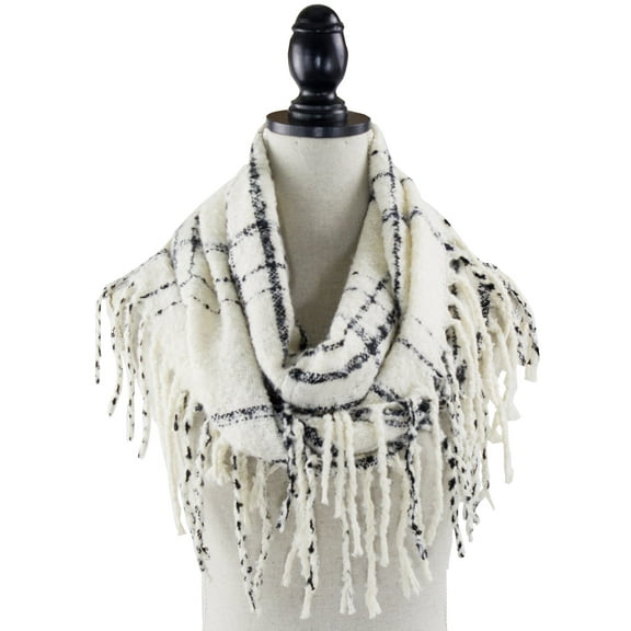 Women Stylish Two-tone Plaid Infinity Loop Scarf with Long Fringe (Ivory)