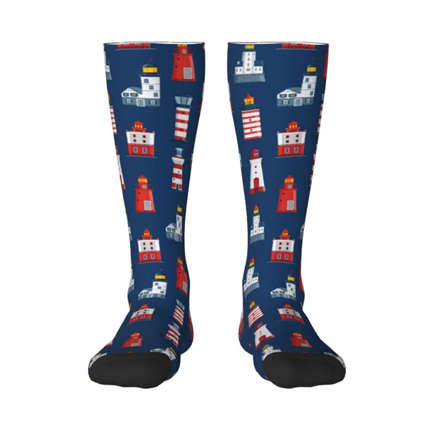 Fotbe Cartoon Lighthouse Calcetas Divertidas Estampadas para Hombre y Mujer, Calcetas de Algodón hasta la Rodilla para Caminar, Correr, Enfermería y Embarazo