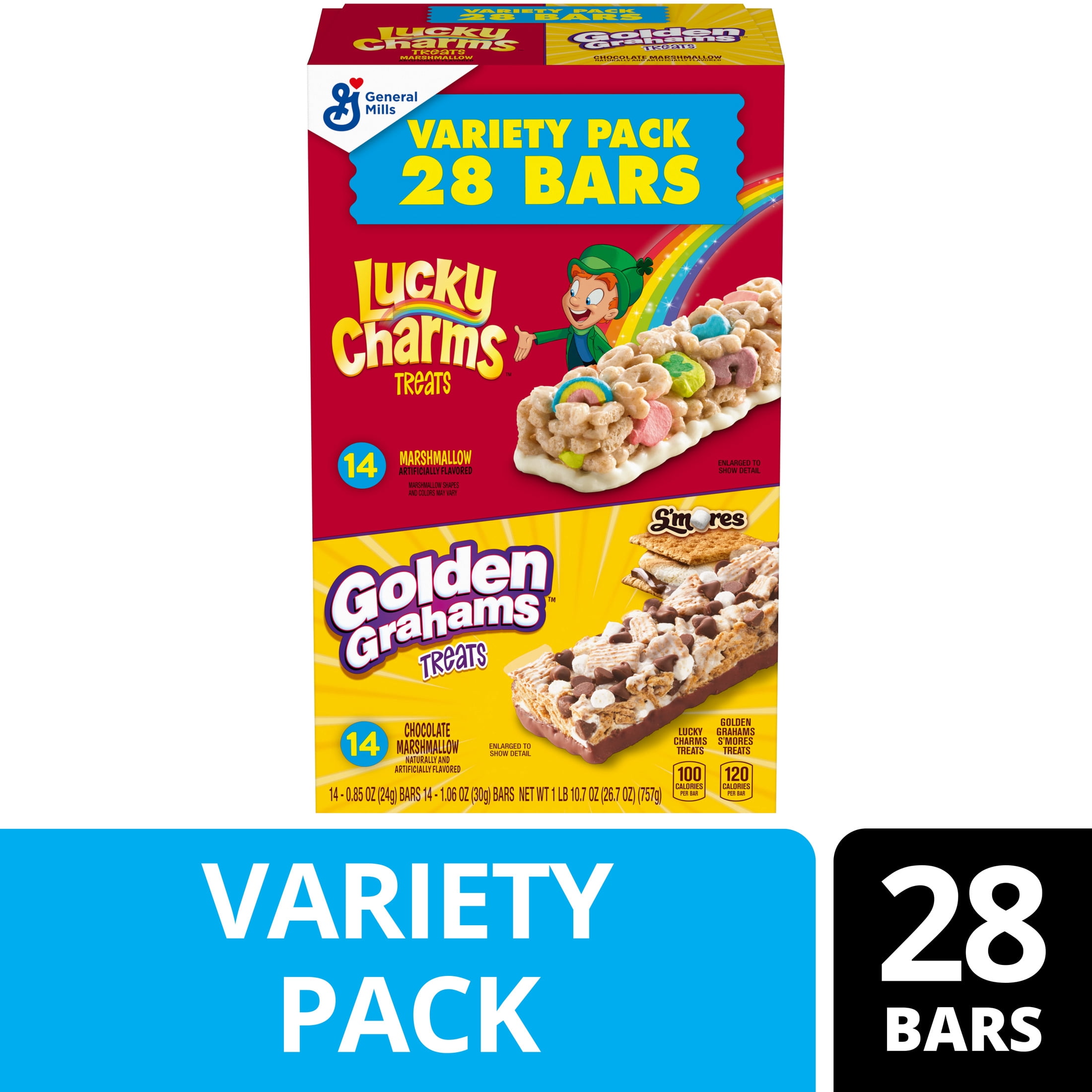 (3 pack) Lucky Charms and Golden Grahams S'mores Cereal Treat Bars, Variety Pack, 28 Count, 26.7 oz