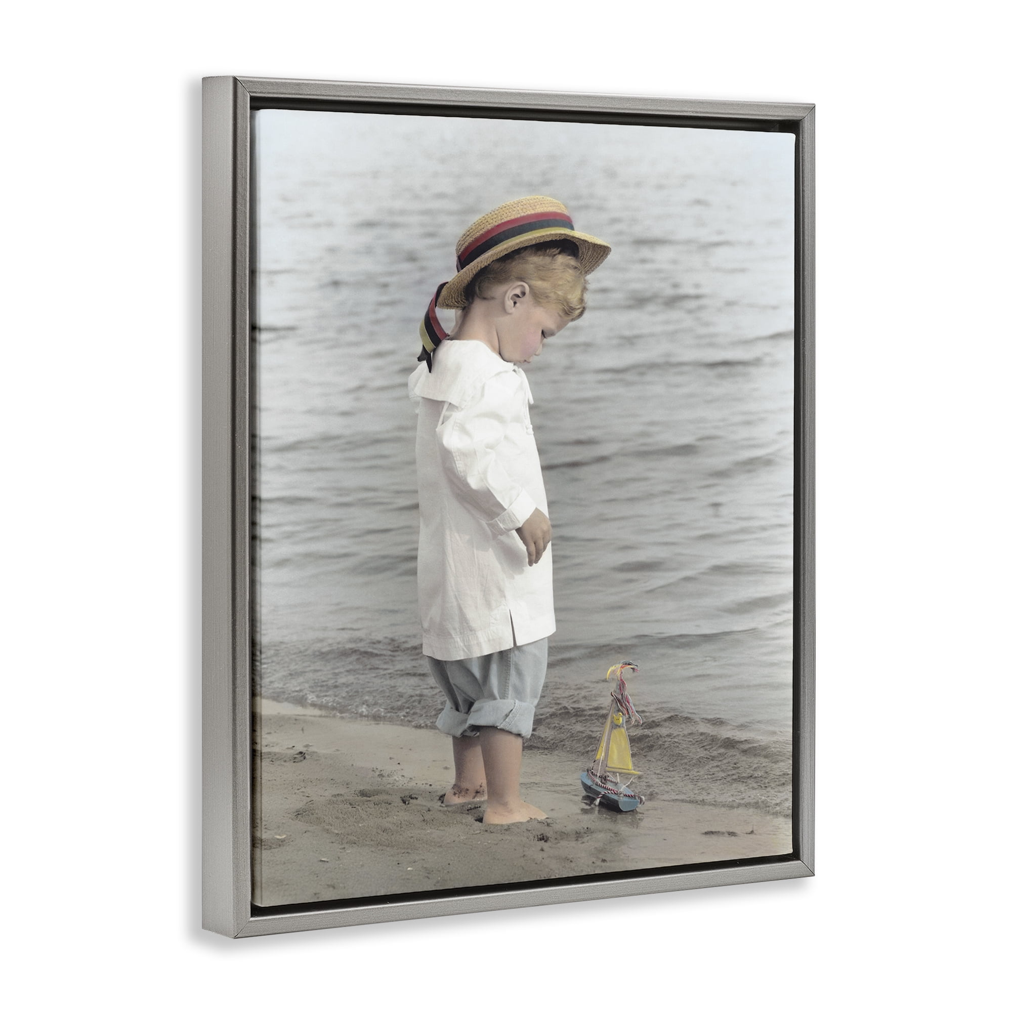 Stupell Industries Child on Beach Shore Gray Framed Floater Canvas Wall Art, design by Kendra Dew