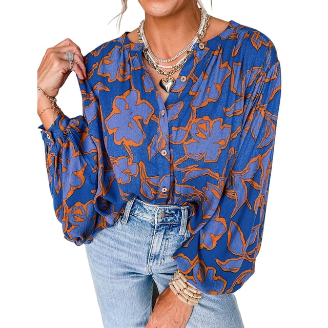 Blusa PRETTYGARDEN Mujer Floral con Botones Azul Talle L