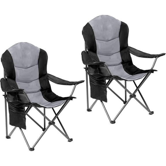 2 Pack Folding Camping Chairs for Adults - High Back Padded Outdoor Lawn Chairs with Lumbar Support & Cup Holder, 400lbs Heavy Duty Portable Camping Chairs Set (Black & Light Gray)
