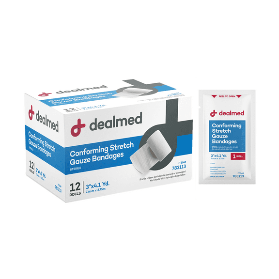 Dealmed 3" Sterile Conforming Stretch Gauze Bandages, 4.1 Yards Stretched Gauze Rolls, Wound Care Product, Box of 12