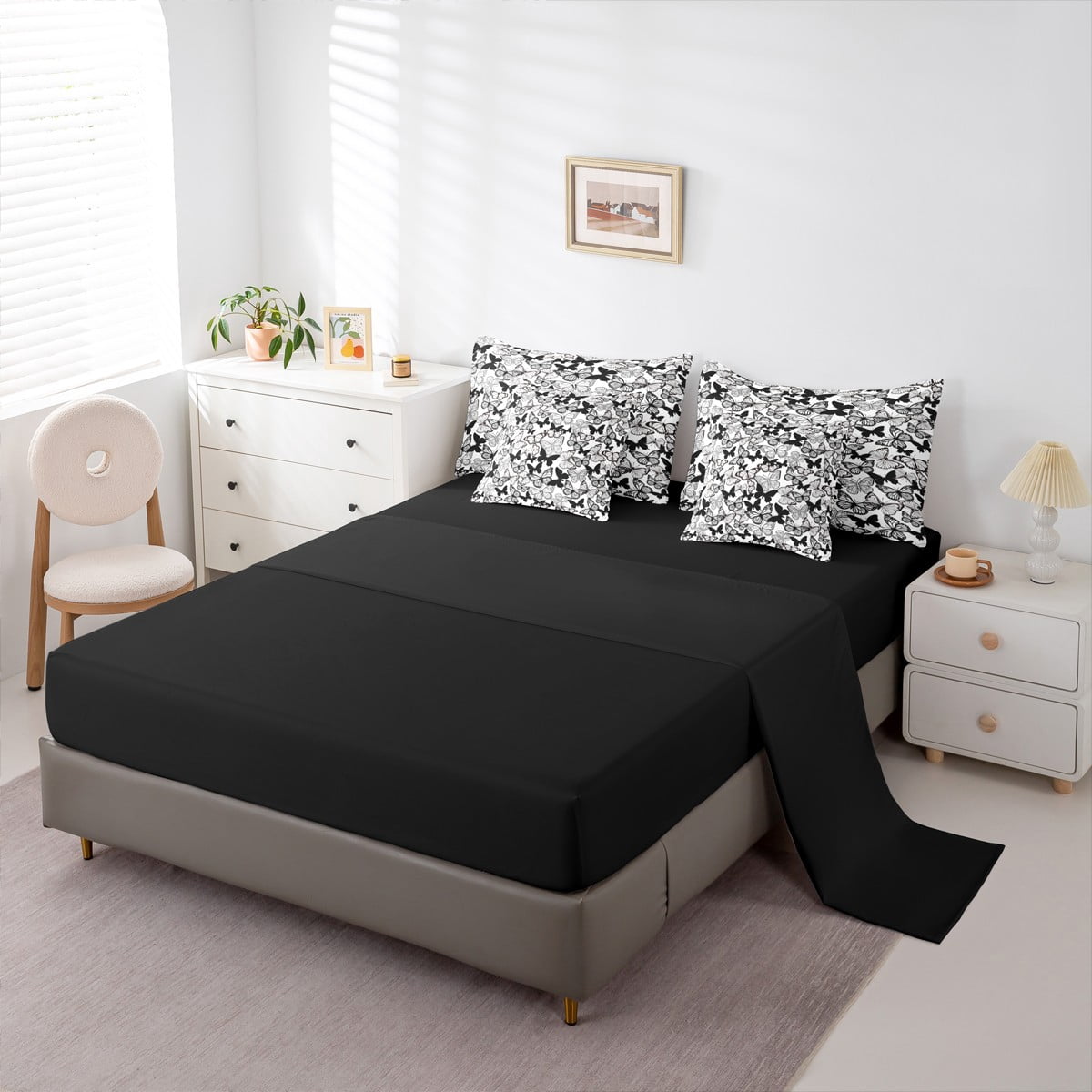 Homewish Flying Butterflies 7pcs Bedding Comforter Set for Boys Girls,Black White Queen Bedding Sets Super Cozy,Retro Vintage Queen Sheet Sets,Breathable Home Decor,Reversible