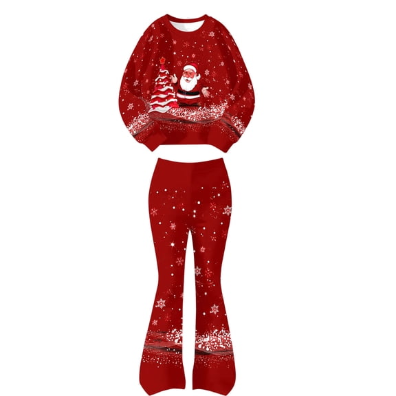 Krdevn Girls Christmas Outfit 2 Piece Long Sleeve Crew Neck Sweatshirt and Flared Bell Bottom Pants Set Toddler Little Kids Holiday Casual Clothing