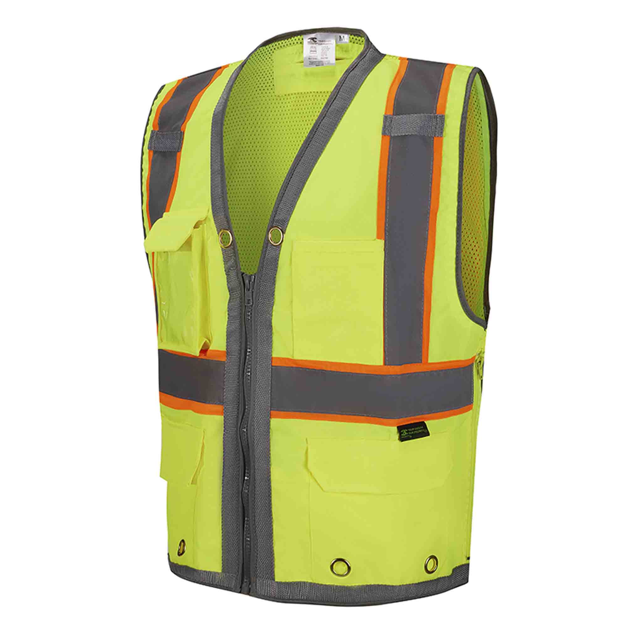 3C Products ANSI/ISEA 107-2020 Class 2 Safety Green Solid Front, Mesh Back Surveyor Safety Vest w/ Tablet-Pockets, Mic Tabs and Pen Holder - SV2700-S