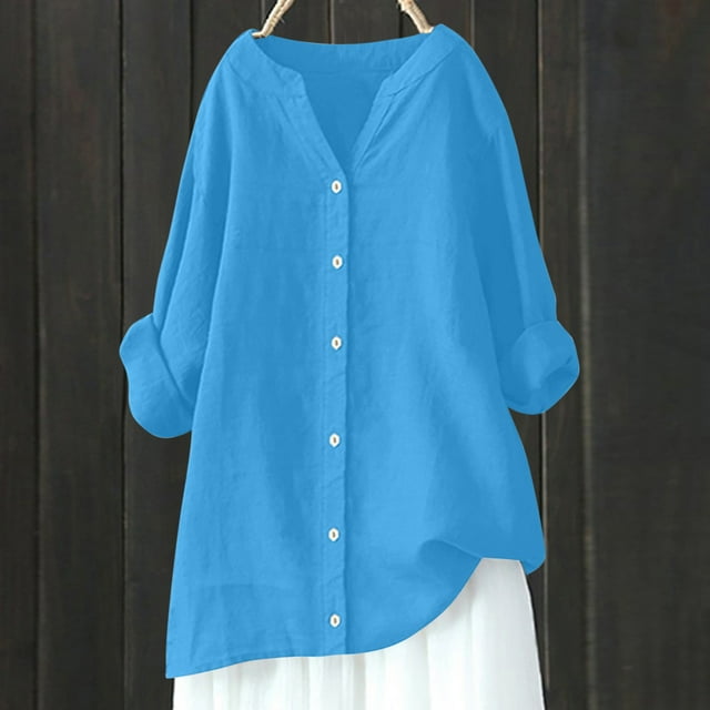 Meichang Women Linen Button Down Shirt Plus Size Long Sleeve Notch V Neck Solid Tops Dressy Casual Spring Blouses Basic Cotton Linen Tops
