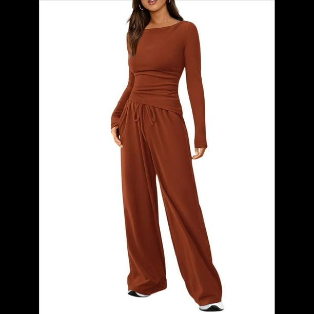 Conjuntos de Dos Piezas para Mujer: Camiseta Asimétrica de Larga, Pantalones Anchos y Chándal Informal. Rojo Ladrillo L