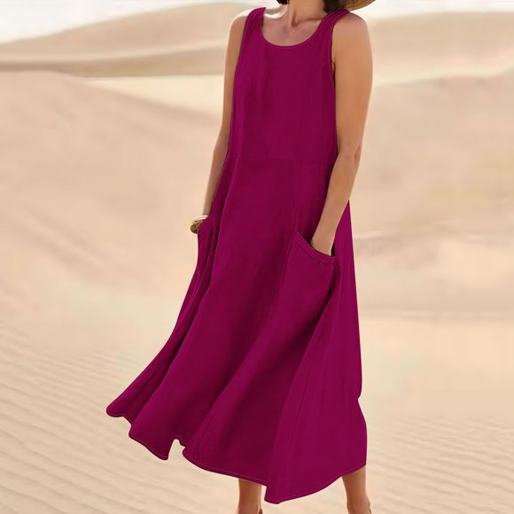 Meichang Summer Dresses for Women 2025 Sleeveless Cotton Linen Dress Casual Solid Color Scoop Neck Swing Dress Loose Fit Long Maxi Dresses with Pockets