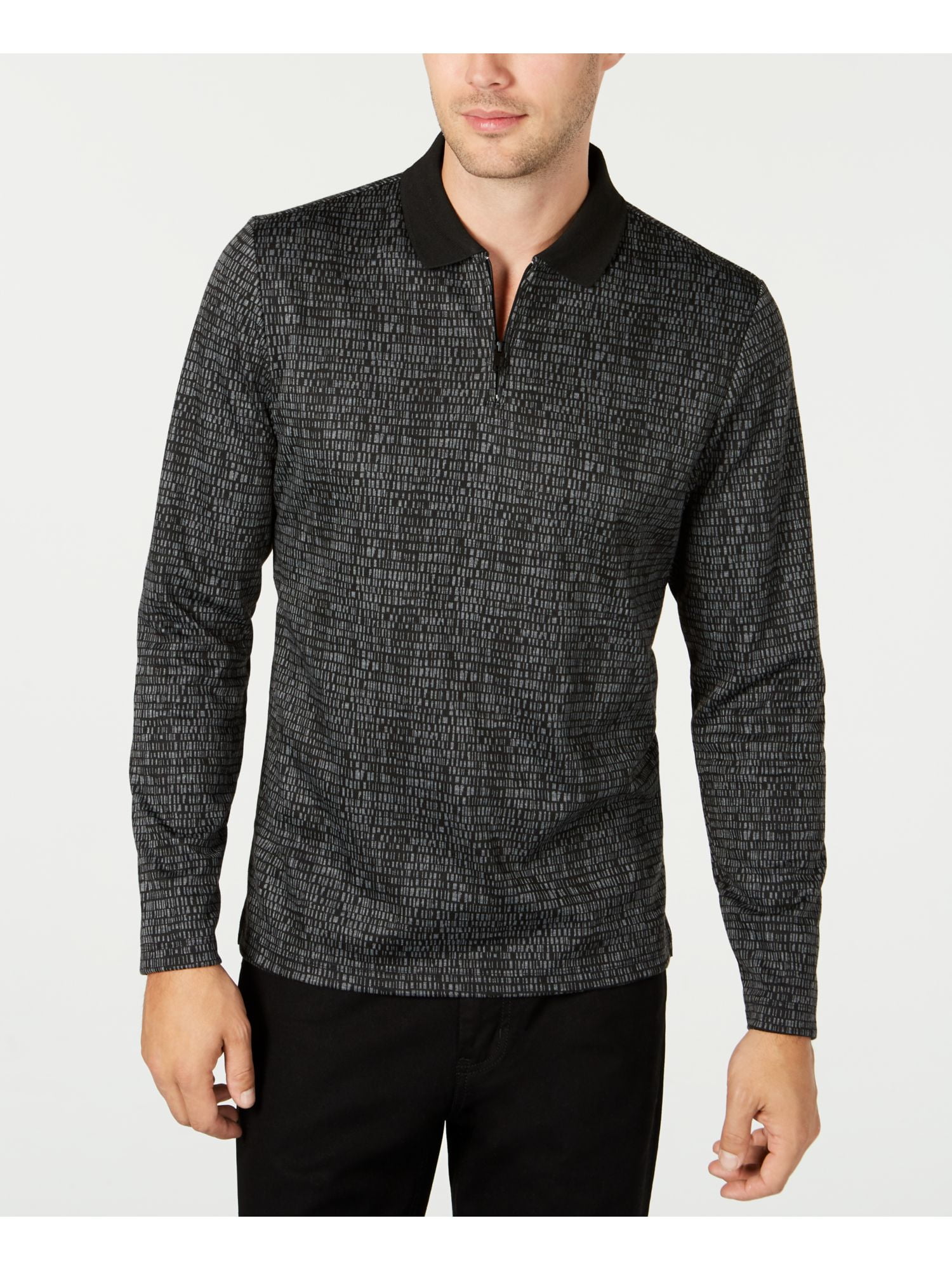 ALFANI Mens Black Patterned Long Sleeve QuarterZip Casual Shirt S