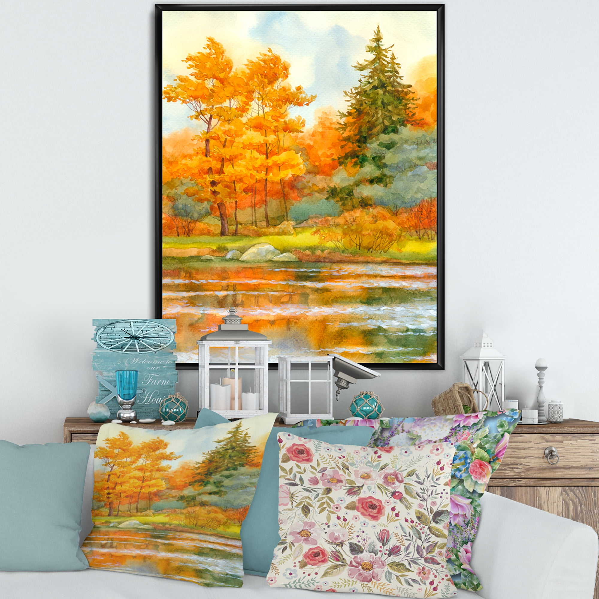 Autumn Forest By The Lake Side IV 16 in x 32 in Framed Painting Canvas Art Print, by Designart