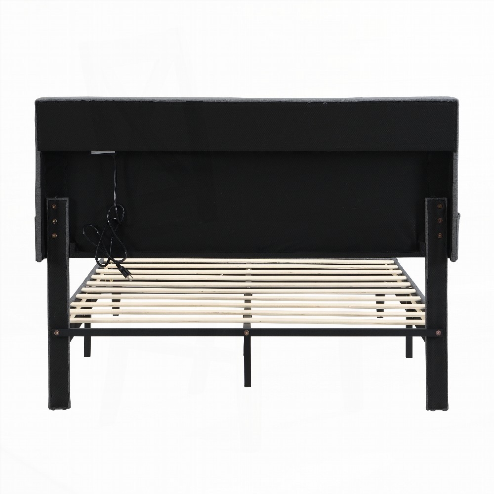 Dark Grey Queen-Size Upholstered Platform Bed Frame Having a Button-Tufted Linen Fabric Headboard, Two Storage Compartments & Built-in Charging Station (No Box Spring)