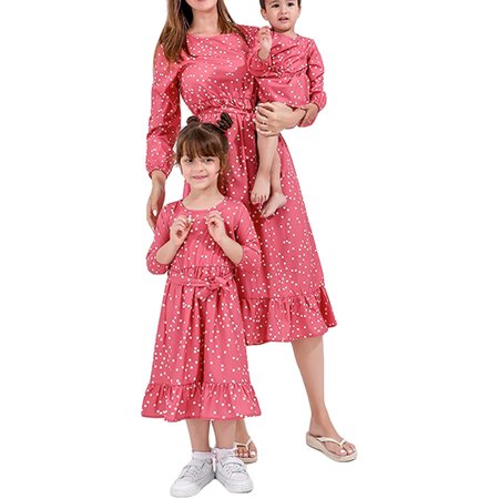 

Mommy and Me Family Matching Dress Mom Kid Girls Dots Print Ruffle Dress with Belt Baby Girls Romper Skirt