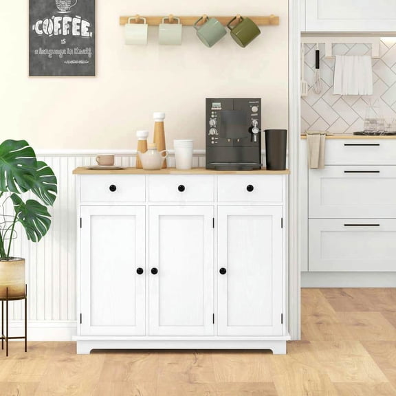 Spaco Kitchen Storage Cabinet with Solid Wood Top, Sideboard Floor Cupboard with Adjustable Shelf and 3 Drawers, Storage Cabinet for Indoor as Kitchen, Bar, Dining Room, White