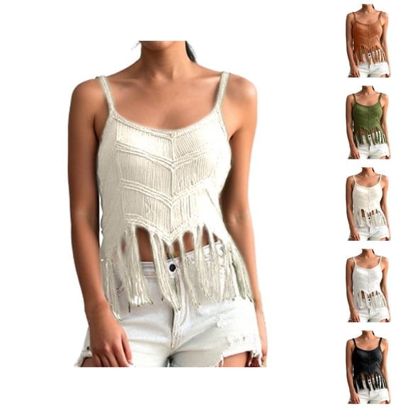 Fringe Crop Tank Tops for Women Summer Sleeveless Crochet Spaghetti Strap Beach Camisole