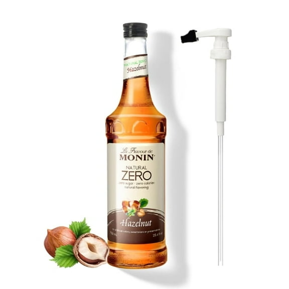 Monin Natural Zero Hazelnut Flavouring Syrup, 25.4 fl oz (750ml) Glass Bottle with Absol White Pump