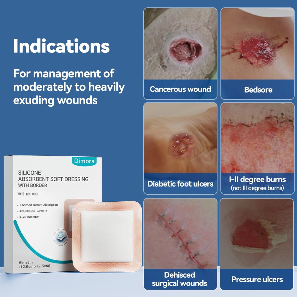 Dimora Super Absorbent Wound Dressing, Gentle Adhesive Bandages, Self-Adhesive Bandages with Ultrasorb Polymer, Heavy Exudate Wound Pad, 5"X 5" 10 Packs