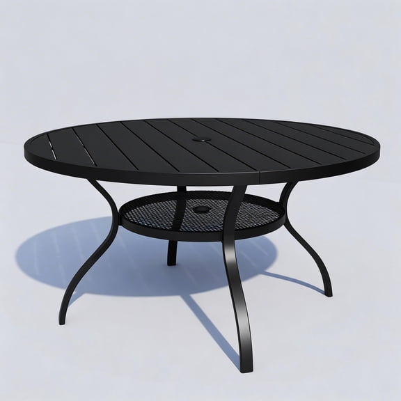 SUNCROWN Round Patio Dining Table, 41-inch Outdoor Metal Table with Umbrella Hole and Lower Storage Shelf, Weather-Resistant Black Slatted Table for Backyard, Deck, Garden