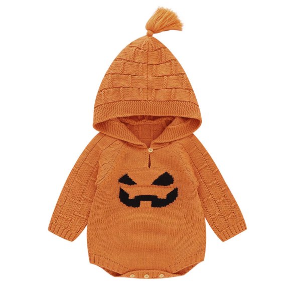 Oiyii Girl's Knit Romper Hooded Halloween Pumpkin Face Knit Bodysuits Holiday Play Baby Jumpsuits,Orange