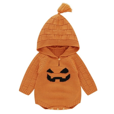 

Halloween Costumes For Babies Newborn Infant Boys Girls Pumpkin Long Sleeve Knitted Sweater Baby Hooded Bodysuit Romper Cotton Outfits Clothes