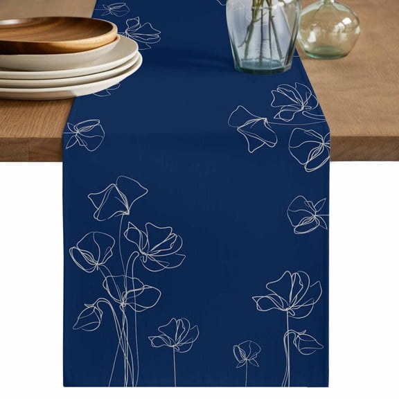 Table Runner 36 Inches Long for Kitchen Dining, Navy Blue Flowers Dresser Scarf Farmhouse, Dining Table Decorations for Wedding/Parties, Rustic Abstract Floral Simple Art 13 x 36 In