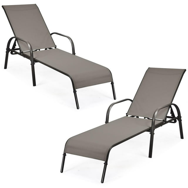 Giantex Ensemble de 2 Chaises Longues Inclinables Réglables pour Enfants - Brun, Cadre en Métal, 5 Hauteurs Réglables et Maille Respirante