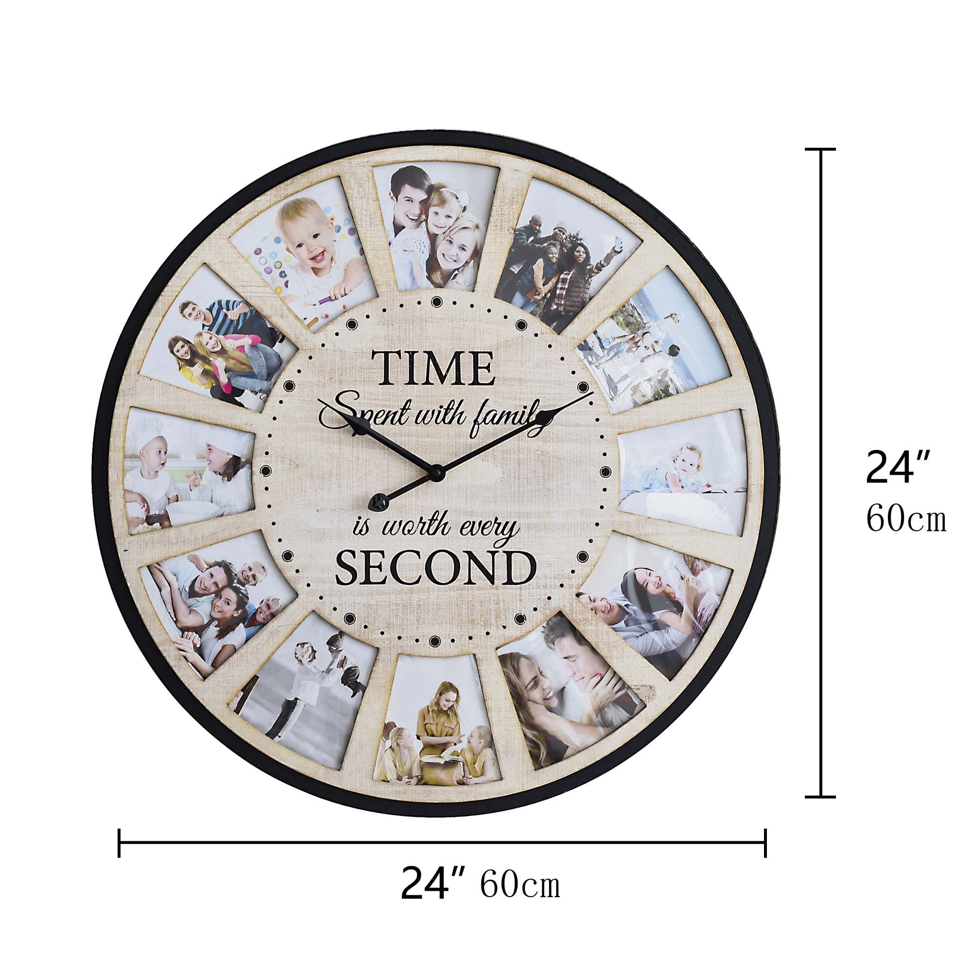 MODE HOME Rustic Farmhouse Wood Wall Clock with 12 Photo Collage, Large Oversized Wall Clock for Home, Kitchen, Living Room, Silent Battery Powered 24 inch Natural