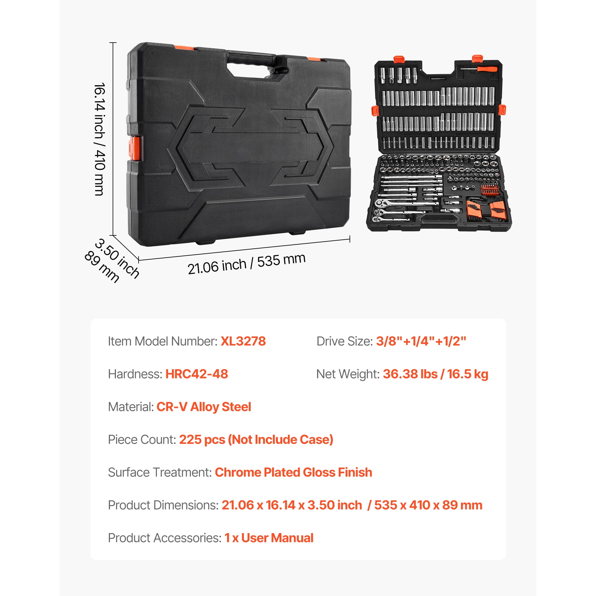 KFFKFF 225-Piece Socket Set, 3/8, 1/4, and 1/2 Inch Drive Ratchet and Socket Kit, SAE and Metric Sizes, Deep and Shallow Options, Mechanic Tool Set with Bits, Accessories, Durable Storage Case
