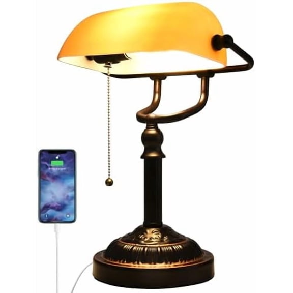 Rustic Banker's Desk Lamp Pull Chain, Traditional Bankers Desk Lamp with USB Port, Vintage Farmhouse Table Lamp for Home Office Library$$Tools & Hardware Other