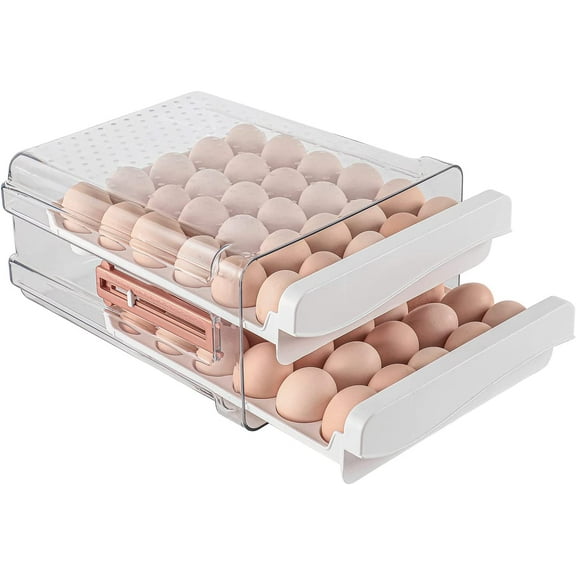 60 Capacity Egg Container for Refrigerator, Household Egg Holder for Fridge, Transparent 2 Drawers Chicken Egg Storage Container,White