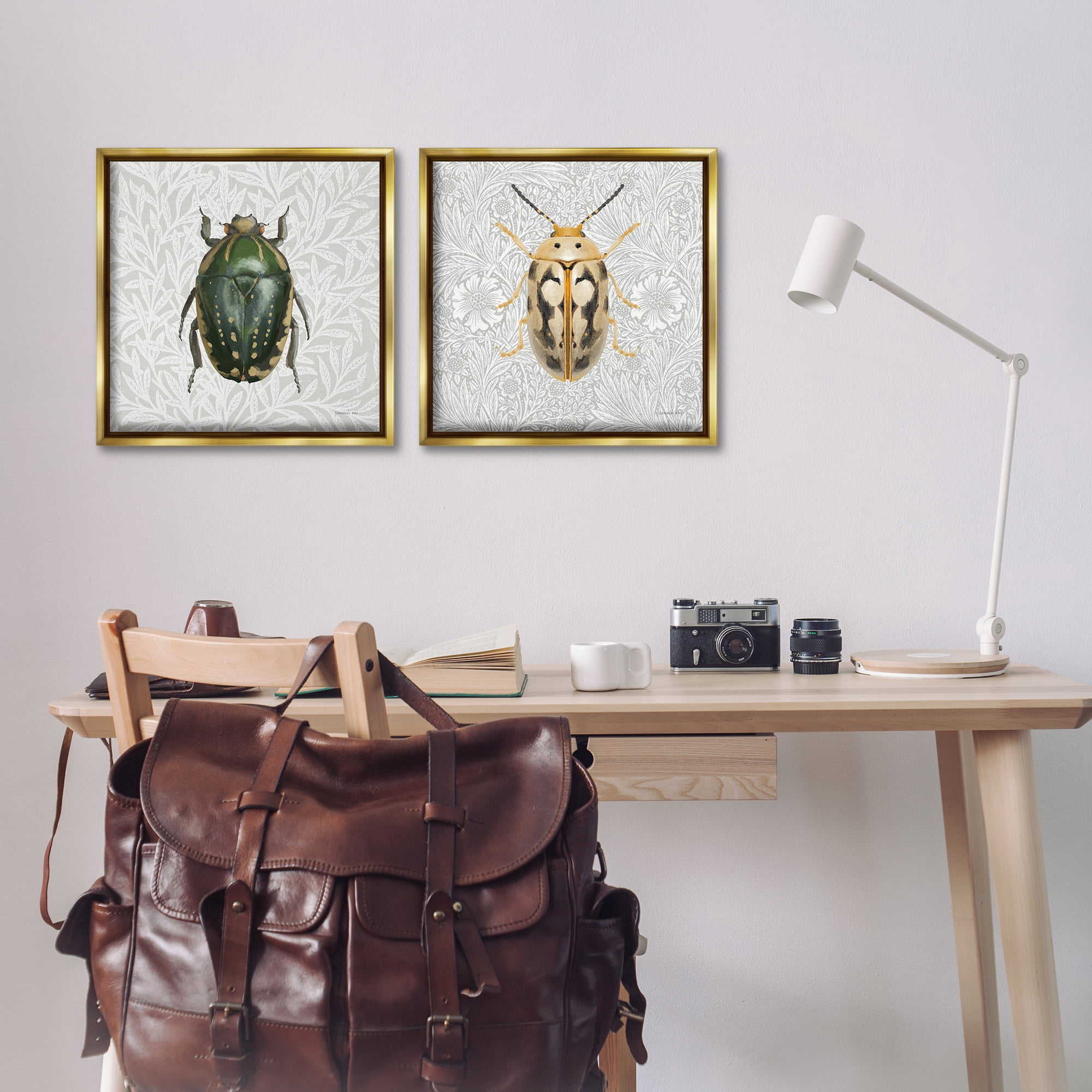 Stupell Industries Beetle Insect Portrait Animals Painting Gold Floater Framed Canvas Art Print Wall Art, 18 x 18, Set of 2