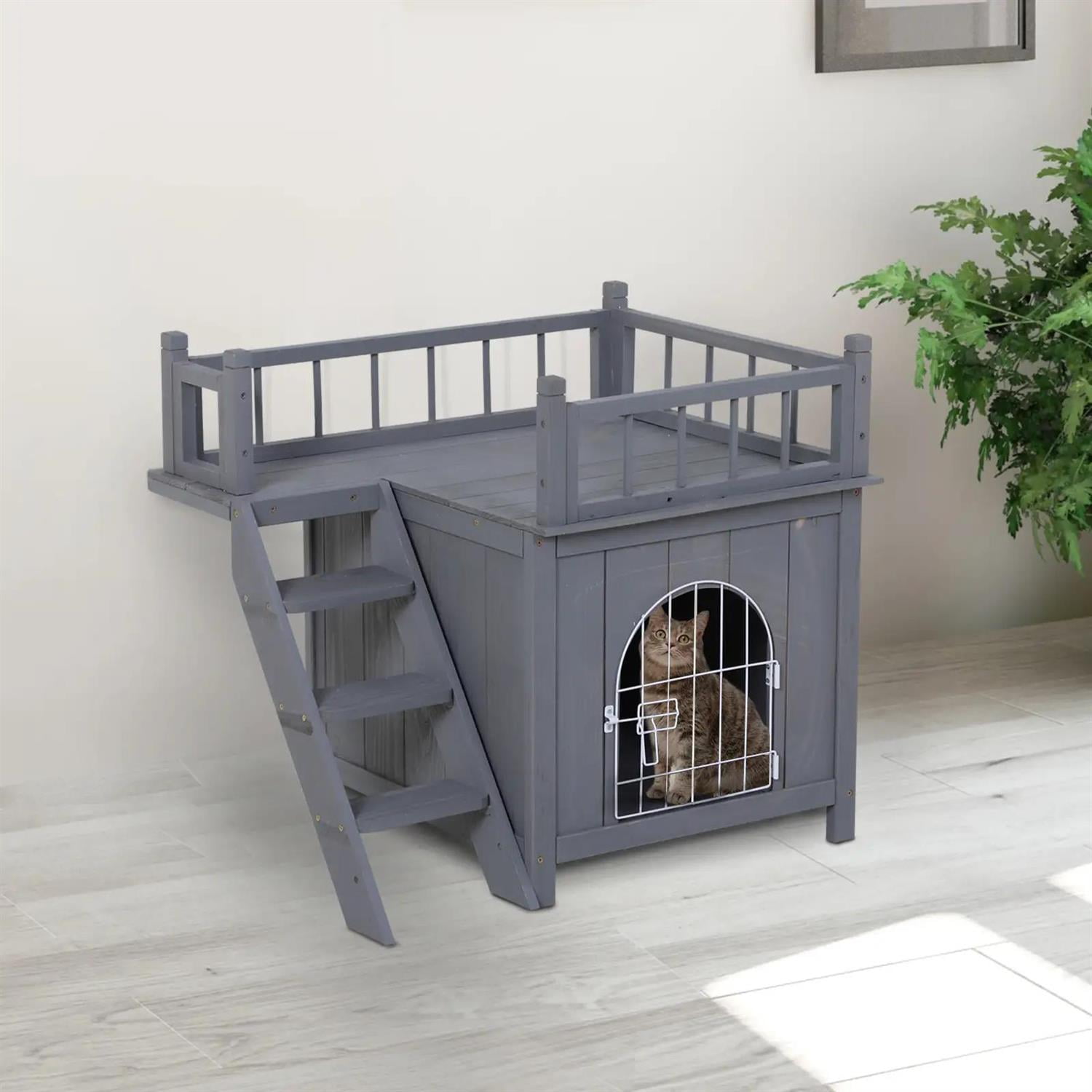 Pefilos Outdoor Weatherproof Cat House with Lockable Wire Door and Balcony, 2-Level Outside Shelter for Cats and Small Animals, Gray
