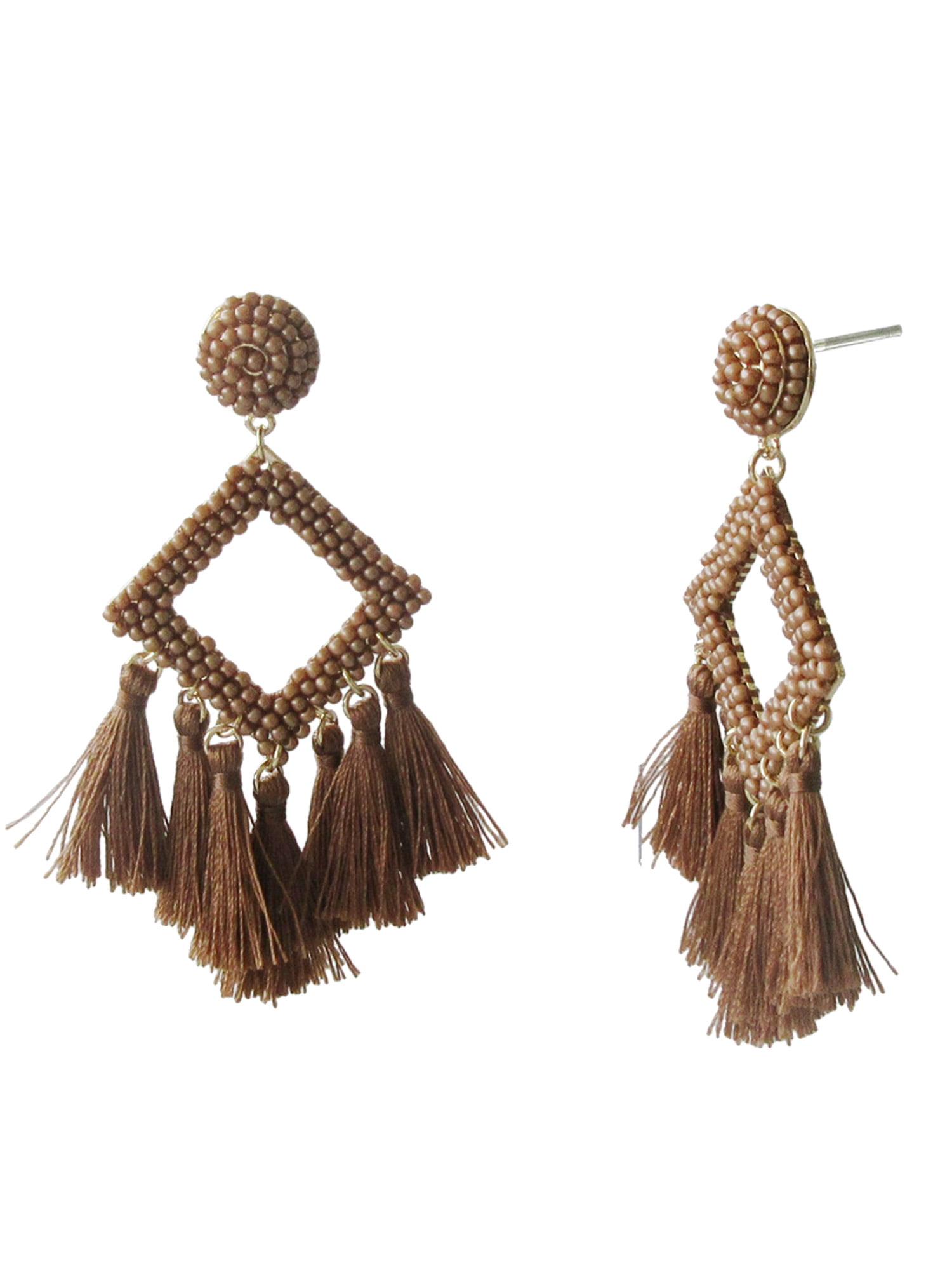 Time and Tru Women's Boho Chic Tassel Earrings Set - Brown & Winter White Hoops with Diamond & U-Shaped Metal Designs