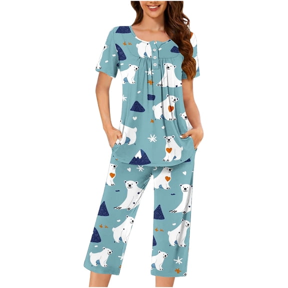 NominalSnug Pajama Sets for Women Short Sleeve Sleepwear Wide Leg Capri Pants Loungewear Graphic Print Pjs Set