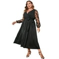 thumbnail image 2 of IBTOM CASTLE Plus Size Wedding Guest Dress for Women Long Sleeve V Neck Mesh Ruffle Sparkle Glitter Cocktail Party Dress XL Black Flower, 2 of 8