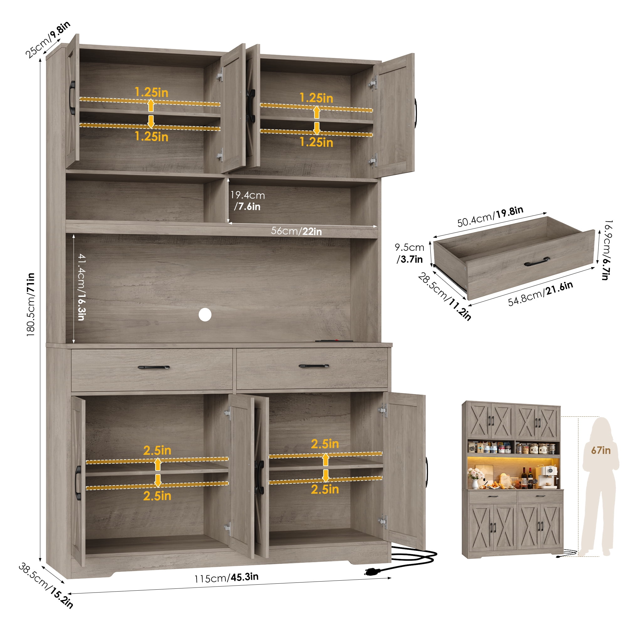 Hiphuta Farmhouse Kitchen Pantry Storage Cabinet, 75”H Freestanding Hutch with 8 Doors and 2 Drawers for Dining and Living Room, Ash Gray