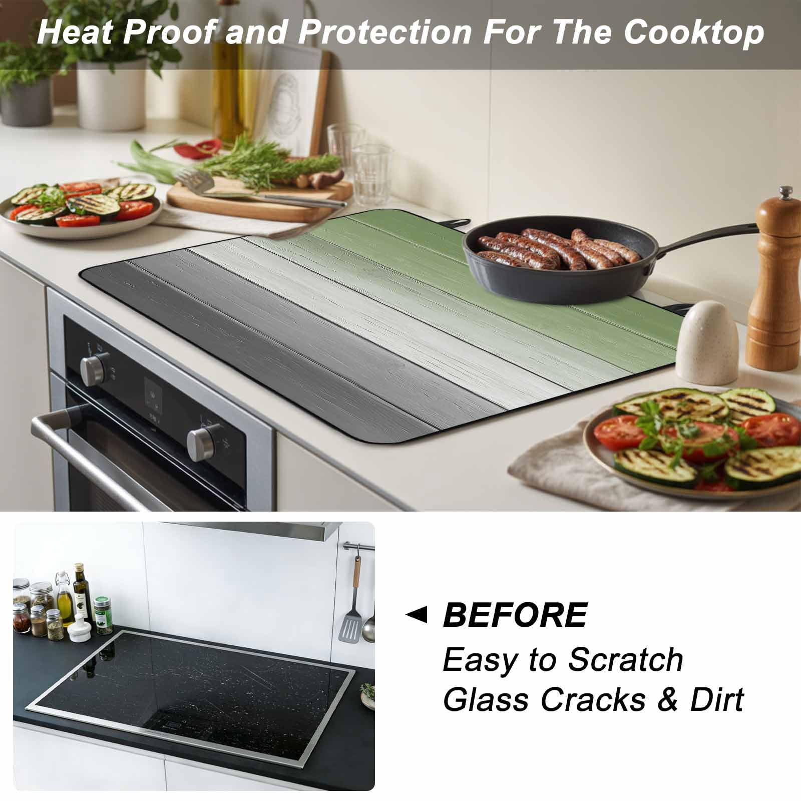 Sage Green Gray Stove Top Cover for Electric Stove, Heat-proof & Non Slip Glass Top Stove Cover Protector, Vintage Country Ombre Chic Wooden Grain Kitchen Flat Cooktop Rubber Mat 28.5x20.5 Inches