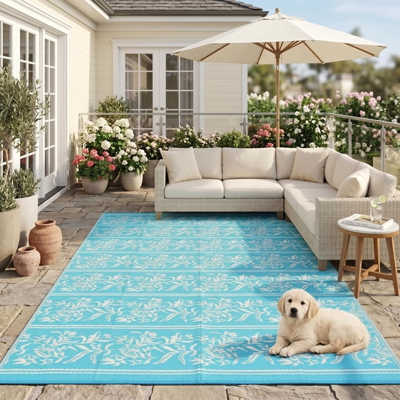 Outdoor Rugs 9x12 Waterproof Reversible Mat Boho Leaf Patio Rug with 4 Stakes and Starage Bag, Large Outdoor RV Mat Rugs for Camping, Picnic, Balcony, Deck, Backyard, Teal & White