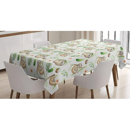 Sloth Tablecloth, Sloth and Mother Soft Colored Flowers Coconut Tree Leaves Happy Family, Rectangular Table Cover for Dining Room Kitchen Decor, 60" X 84", Pale Brown Green