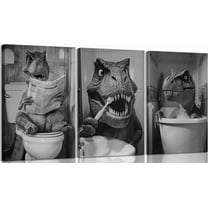 Hieng Funny Dinosaur Bathroom Wall Art Dinosaur on Toilet Canvas Print Painting Black And White Animal in Bathtub Wall Decor Artwork for Kids Room Restroom Home Decoration