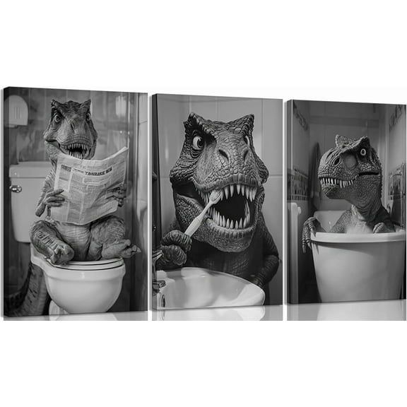 Hieng Funny Dinosaur Bathroom Wall Art Dinosaur on Toilet Canvas Print Painting Black And White Animal in Bathtub Wall Decor Artwork for Kids Room Restroom Home Decoration