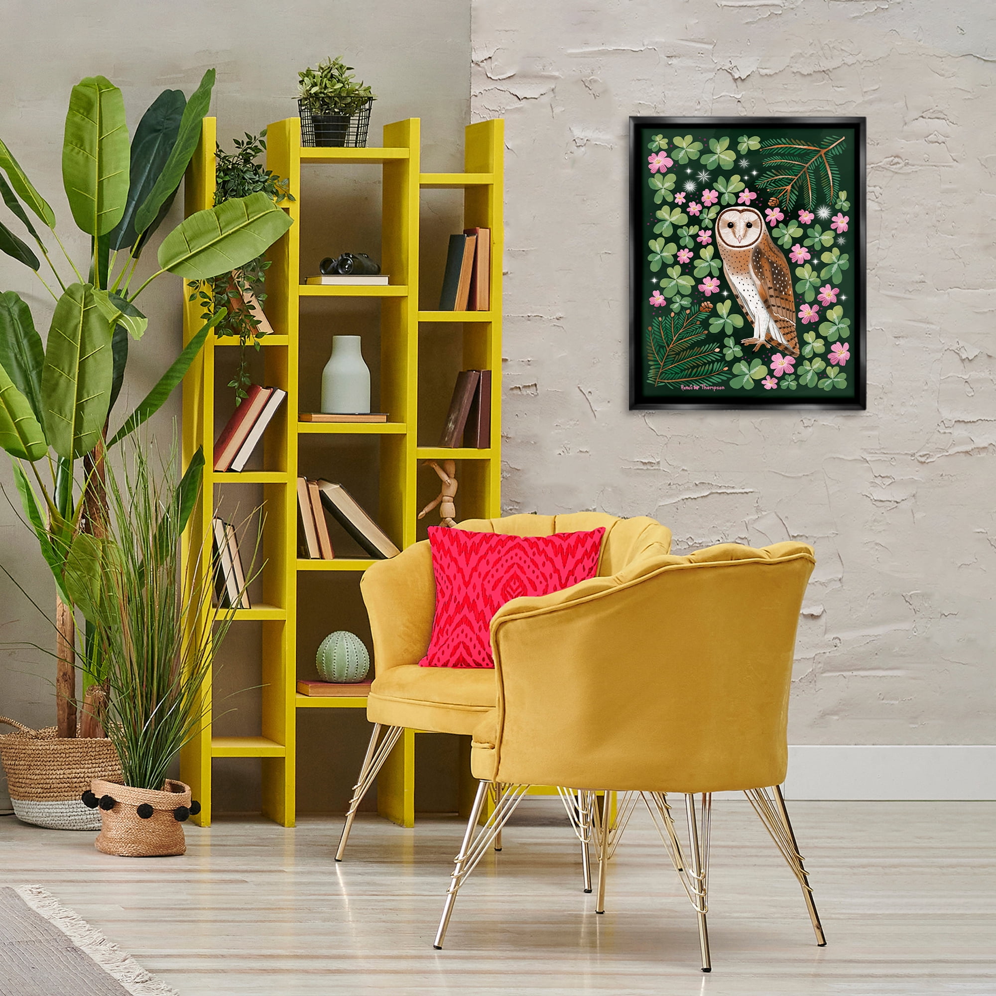 Stupell Industries Barn Owl & Botanicals Animals Painting Black Floater Framed Canvas Art Print Wall Art, 17 x 21