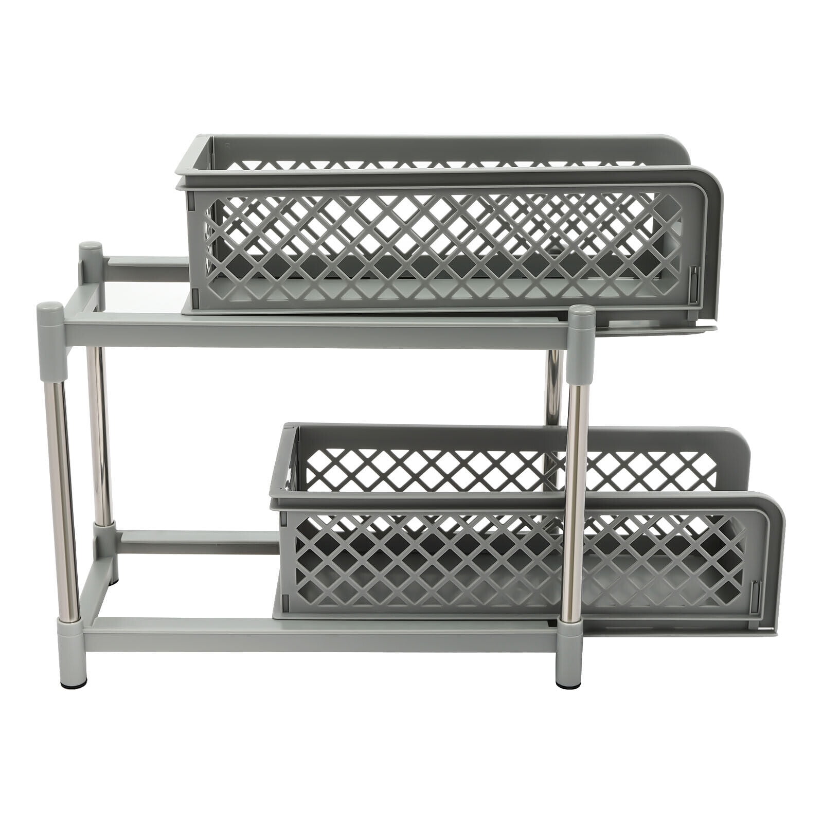 2-Tier Under Sink Organizer with Pull Out Sliding Storage Drawer for Home Bathroom Kitchen White/Grey 14.57in