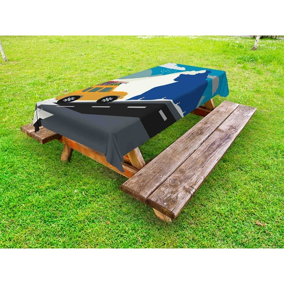 Explore Outdoor Tablecloth, Winter Season Design Mountain Road Ski Holiday Themed Cartoon Style Composition, Decorative Washable Fabric Picnic Table Cloth, 58 X 84 Inches,Multicolor, by Ambesonne