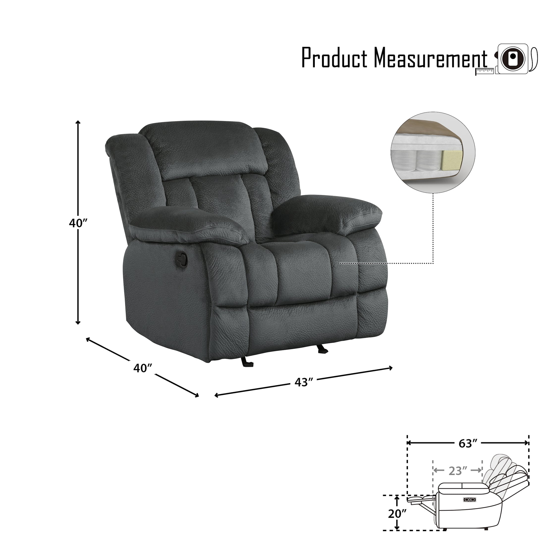 OakvillePark Cameron Microfiber Fabric Upholstered Glider Reclining Chair, Charcoal