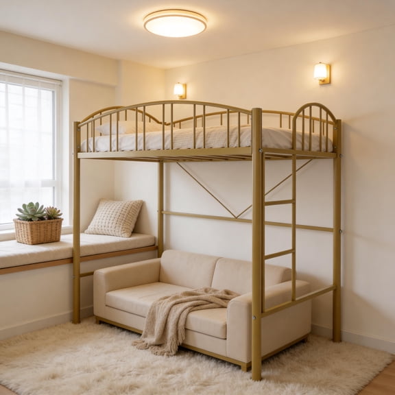 Twin Size Metal Loft Bed with Safety Guardrail - Heavy Duty Space Saving Design, 400lb Capacity, No Box Spring Needed, for Adults